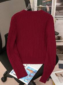 韩版优雅纹理圆领女式长袖刺绣套头毛衣