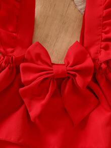 2pcs Baby Girls Cute Floral Ruffle Collar Long Sleeve Top And Pinafore Dress Set, Suitable For Autumn/Winter Holiday Events - Red - View 10