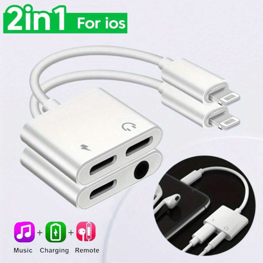 二合一 Lightning 转 3.5 毫米/Lightning 音频适配器，无损音质转换器耳机适配器，兼容 14 Pro Max/14 Pro/14 Plus/14/13/12/11，音频转换线，充电和通话适配器 - 白色 - 查看 1