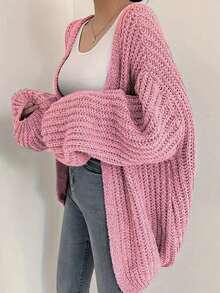 Plus Size Curve Cardigan Sweater Balloon Sleeve Ribbed Knit Textured Plus Size Slouchy Warm Outerwear Autumn Winter Casual Loose Fit Coat Pink - Pink - View 3