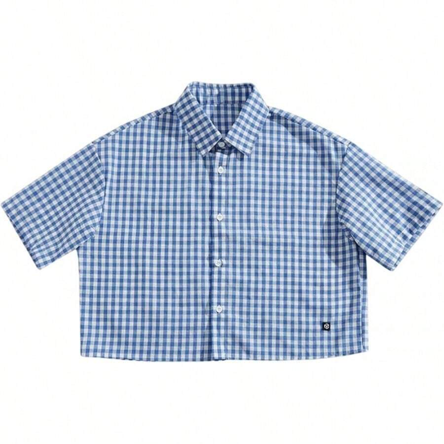 Men's Plaid Shirts Gingham Short Sleeve Button Down Crop Tee Topshalloween - Đã kiểm tra màu xanh - Xem 1