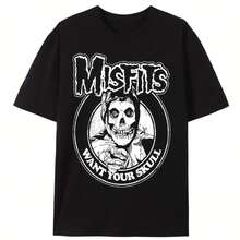 Men's Misfits Skull Graphic T-Shirt - Black Cotton, Regular Fit, Round Neck Short Sleeve, Ideal For Summer Casual Wear, Everyday Apparel | Fashion Statement Top | Smooth Texture Fabric Suitable For Campus Wear, Party Gathering, Daily Wear, A Good Choice Loose Round Neck Short Sleeve T-Shirt - 黑色 - 查看 1