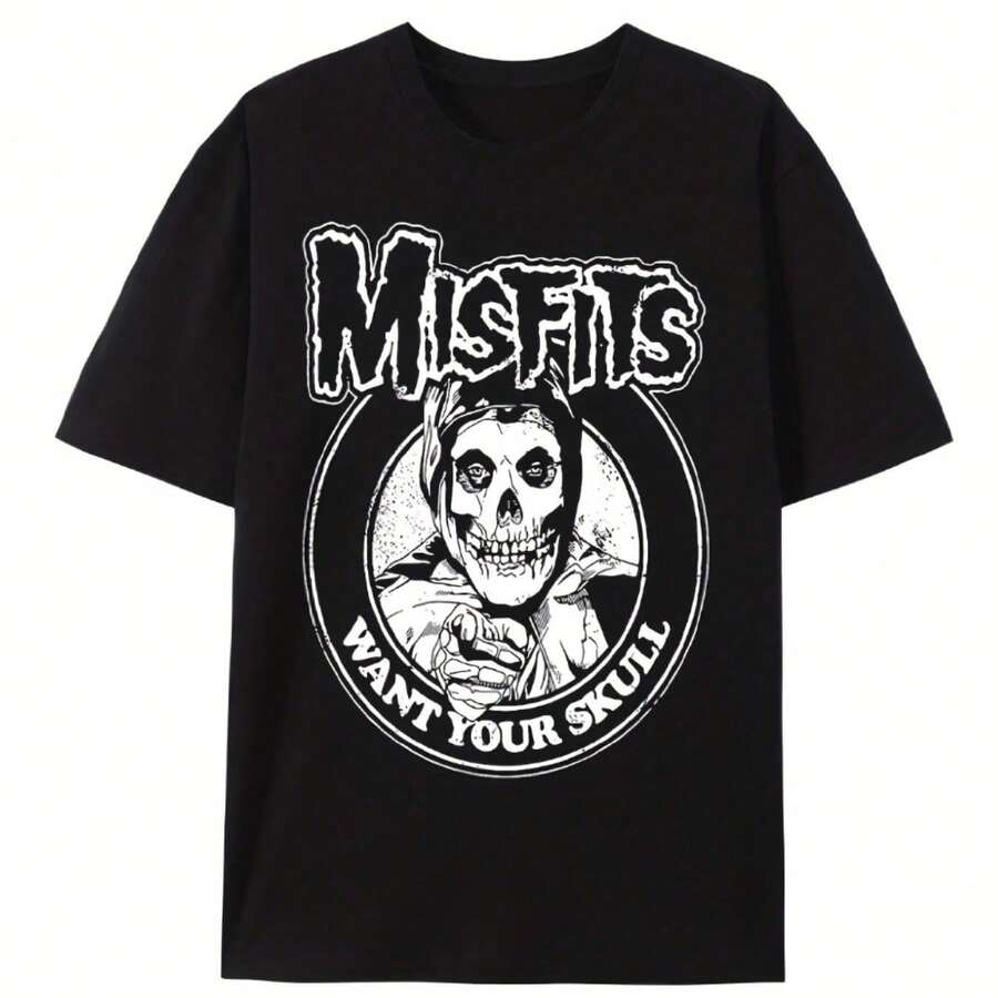 Men's Misfits Skull Graphic T-Shirt - Black Cotton, Regular Fit, Round Neck Short Sleeve, Ideal For Summer Casual Wear, Everyday Apparel | Fashion Statement Top | Smooth Texture Fabric Suitable For Campus Wear, Party Gathering, Daily Wear, A Good Choice Loose Round Neck Short Sleeve T-Shirt - 黑色 - 查看 1