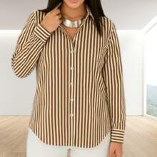 Women's Long Sleeve Caramel Brown Striped Dress Shirt - Your Style In The Spotlight - Nâu Caramel - Xem 2