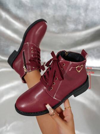 Fall/Winter 2025 Women's New Burgundy Lace-Up Side Zipper Heart Decor Luxurious Fashion Versatile Biker Ankle Boots, Casual Outdoor European & British Style Chunky Heel Vacation Recommended Fairy Chic French Minimalist Ankle & Short Boots