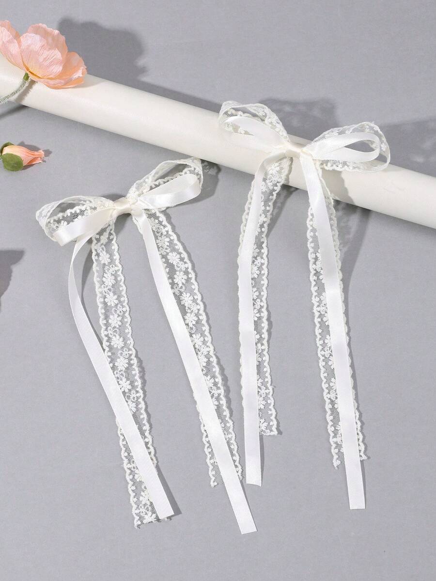 2pcs Ivory Lace Bow Hair Clips, Solid Color Bow Hair Clips With Tails, Elegant White Embroidered Mesh Hair Clips, Butterfly Hair Clips For Holiday, Wedding, Party, Suitable For Teenagers - White - View 1