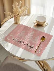 1/4/6/8/12pcs Pink Christmas Tree Print Placemats, Cute Pink Merry Christmas Placemats, Christmas Tree Elements, Washable Placemats, Suitable For Holiday Kitchen Table Decoration Settings, 12.6x16.5inch