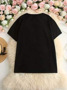 Women's Plus Size Oversized T-Shirt, "Hip Hop Was Dope In The 90's" Letter Print, Casual Crewneck Short Sleeve Summer Top, Stretch Fabric,, Fashion Outfit, Summer Outfit, Retro Fashion, Vintage Print, Crewneck Tee, Lightweight Top, Soft Material, Women's Tshirt, Graphic Tee, Retro Enthusiasts, Streetwear Fans - Black - View 2