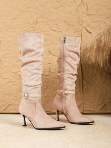 女士秋冬新款褶皱高筒靴，性感尖头扣带细高跟侧拉链踝靴，浅粉色时尚高跟高筒靴 - 淺粉色 - 查看 6