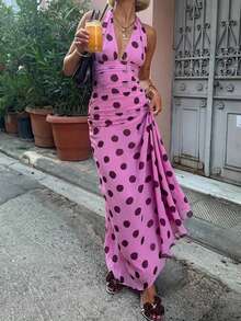 Women Chiffon Polka Dot Printing Halter Elegant Sleeveless Backless Skinny Pleated Beach Evening Party Maxi Dress - Hồng - Xem 1