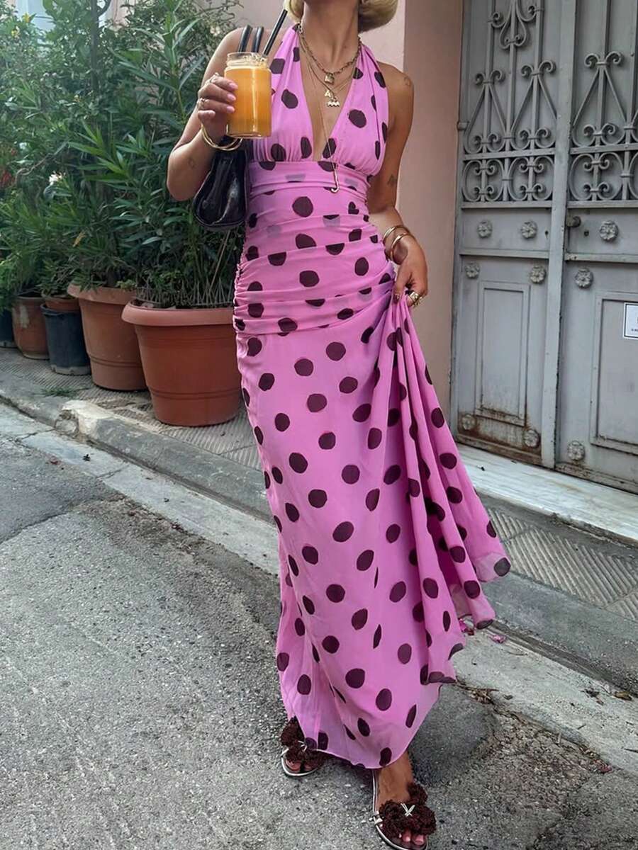 Women Chiffon Polka Dot Printing Halter Elegant Sleeveless Backless Skinny Pleated Beach Evening Party Maxi Dress - Hồng - Xem 1