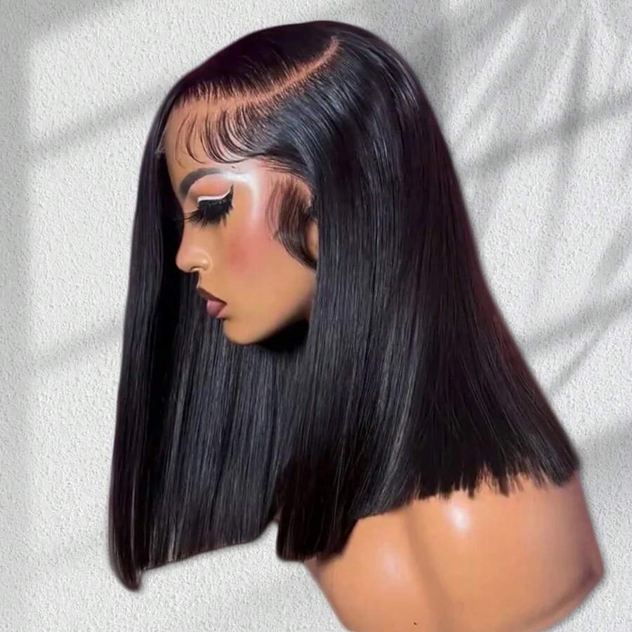 Uveous 14 Inch Bob Wig 250% Density Glueless Put On And Go Human Hair Wigs Bone Straight 13X4 13x6 Hd Transparent Lace Front Wigs Silky Straight Human Hair Pre Cut Pre Plucked With Baby Hair Glueless Straight Bob Wig 250% Density Short Straight Bob Wigs - Natural Black - Xem 1