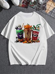Camiseta con gráficos de bebidas navideñas, camiseta de algodón de manga corta y cuello redondo para mujer con gráficos de café y chocolate caliente de temporada, top informal de moda. - Blanco - Ver 3