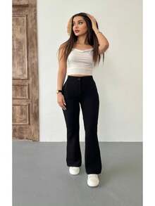 女款高腰萊卡彈性喇叭褲 - 黑色 - 查看 6