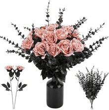 20 Pcs Black, Purple, Red Artificial Roses And 28 Black Eucalyptus Stems Halloween, Silk Flowers With Bendable Stems, Gothic Wedding Bouquet, Haunted House Decor - Blood White - View 5