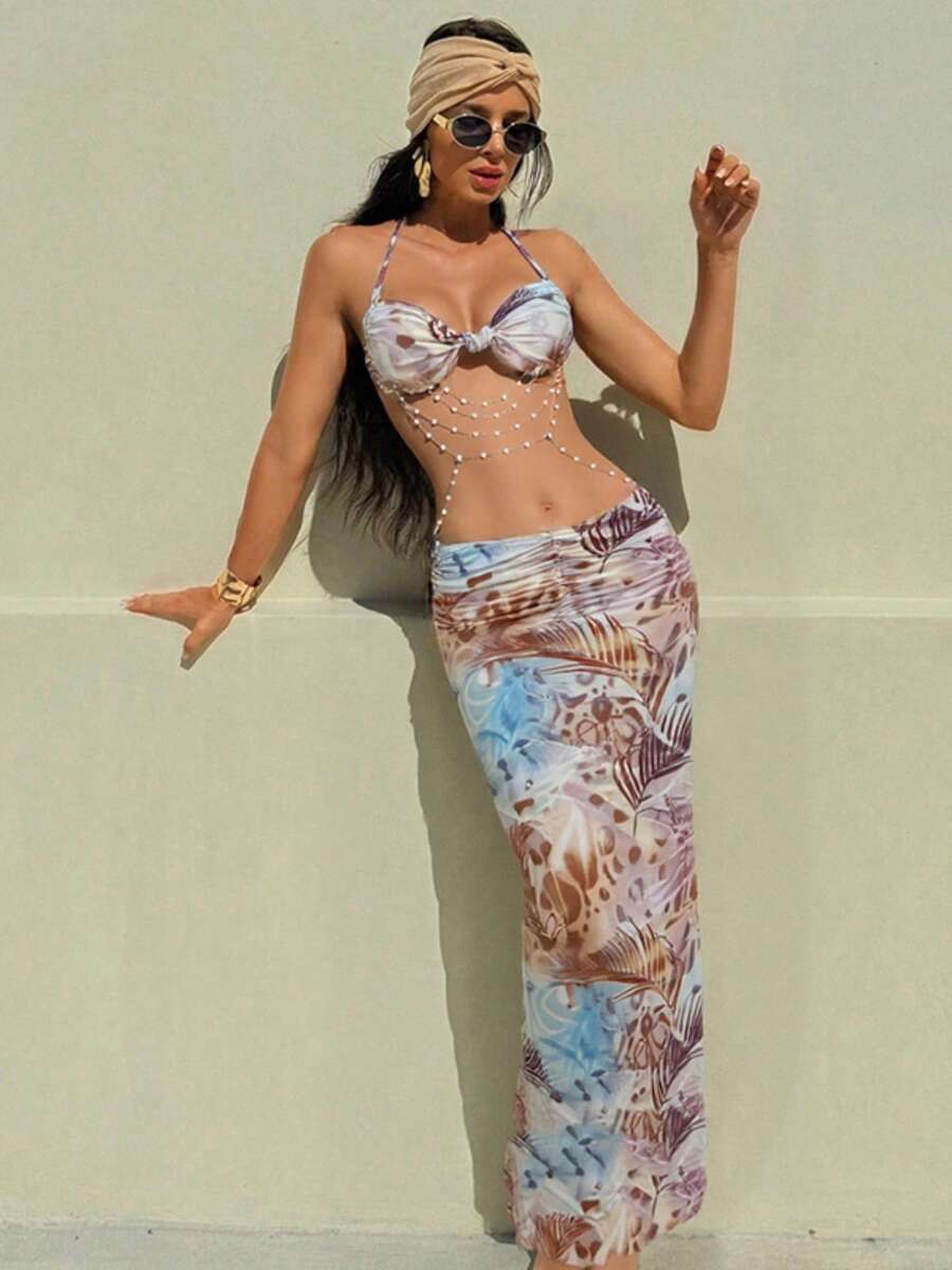 Women's Two Piece Maxi Skirt Sets Summer Beach Sexy Ruched Backless Pearls Chain Decor Crop Top And Cut Out Skirt - màu nâu - Xem 1