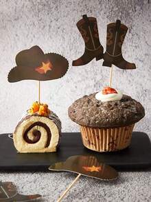 12pcs/24pcs Brown Cowboy Hat And Boot Cupcake Toppers, Western Theme Birthday Cake Decorations, Cupcake Decorations For Gender Reveal Party, Baby Shower, Photo Props, Birthday Decorations, Party Supplies, Baby Christening Decorations, Holiday Decorations - Multicolor - View 9