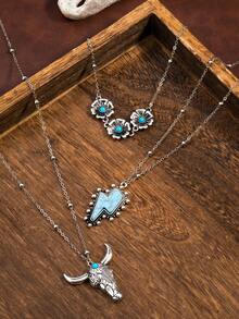 3pcs/Set Vintage Western Style Faux Turquoise Necklace Set - Multicolor 1 - View 2