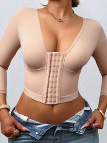 1pc Compression Shaper Tops For Women Lace Sleeves Slimming Arm Shaper Front Closure Bra Tank Top Shapewear - Apricot - View 4