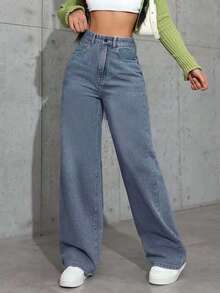 Pantalones Larga Duración y Suelta Mezclilla Anchas Jeans Piernas Anchas Talla Grande para Mujer Azul Claro Cintura Alta Elásticos - Gris - Ver 4