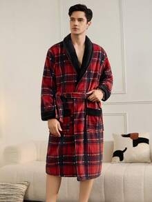 Black & Red Plaid Christmas Shawl Neck Flannel Casual Robe With Belt For Men, Autumn/Winter, Fluffy, Cozy