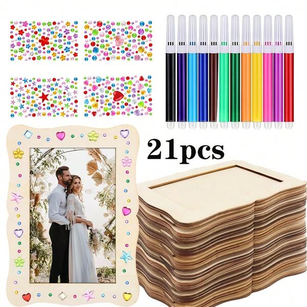 21pcs/26pcs Painting Craft Kit: Includes 5 Or 10 Unfinished Wooden Frames, 12 Mini Watercolor Pens, And 4 Crystal Diamond Stickers For DIY Photo Frames (Random Colors) - For Personalizing Photo Frames, Suitable For Home And Decor, Photo Frame Supplies | Wooden Frame Materials, Frame Decorations Suitable For All Seasons