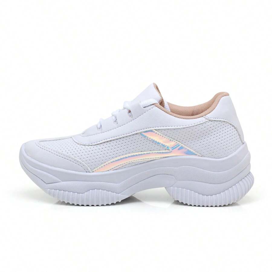 Women's Casual Sneakers Blogger Platform Shoes White Black Beige Comfortable Sneaker High Sole Chunky Lightweight New Arrival Top Original Fashion, White Sneakers - 全息白 - 查看 1