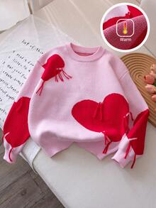 女童可爱心形图案针织套头衫，适合春秋冬季休闲穿着 - 粉色 - 查看 1