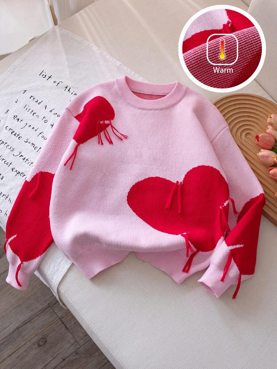 女童可爱心形图案针织套头衫，适合春秋冬季休闲穿着 - 粉色 - 查看 1