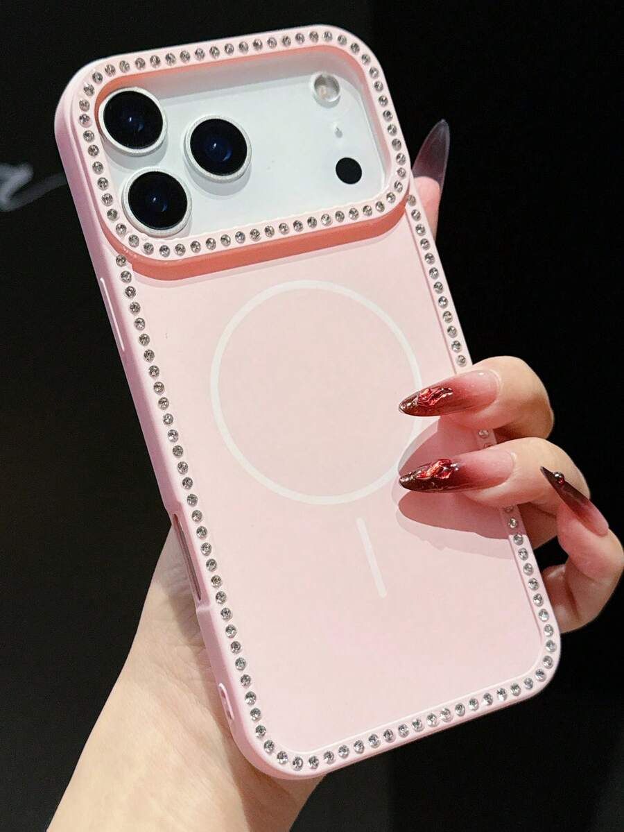 Luxury Stylish Rhinestone Edge Magnetic Phone Case Compatible With IPhone 17 16 15 Pro Max 14 13 12 11 PLUS High Quality Protection Shockproof Hard Phone Case - Pink - View 1