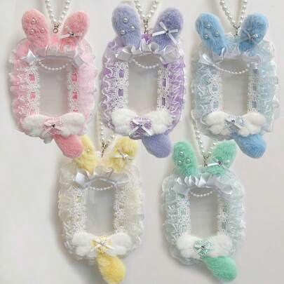 1pc Cute Lace Photo Card Holder, Can Be Hung On Backpack, 5 Color Options, Plush Rabbit Ear DIY Finished Product, Anime Cartoon Comic KPOP Star Collection Card, Kawaii Decoration For Lolita Bag