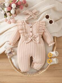 Pelele de manga larga con cuello de volantes y diadema con lazo para bebé niña, unicolor albaricoque, uso casual de otoño/invierno