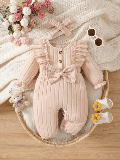 Pelele de manga larga con cuello de volantes y diadema con lazo para bebé niña, unicolor albaricoque, uso casual de otoño/invierno