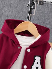 Conjunto de 2 peças de moletom com capuz e zíper para meninas + calças de cor contrastante, roupa casual - Vermelho - Ver 3