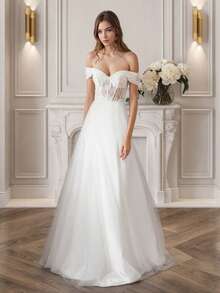 Off Shoulder  Weddding Dress For Women Tulle Lace Applique Bridal Gown