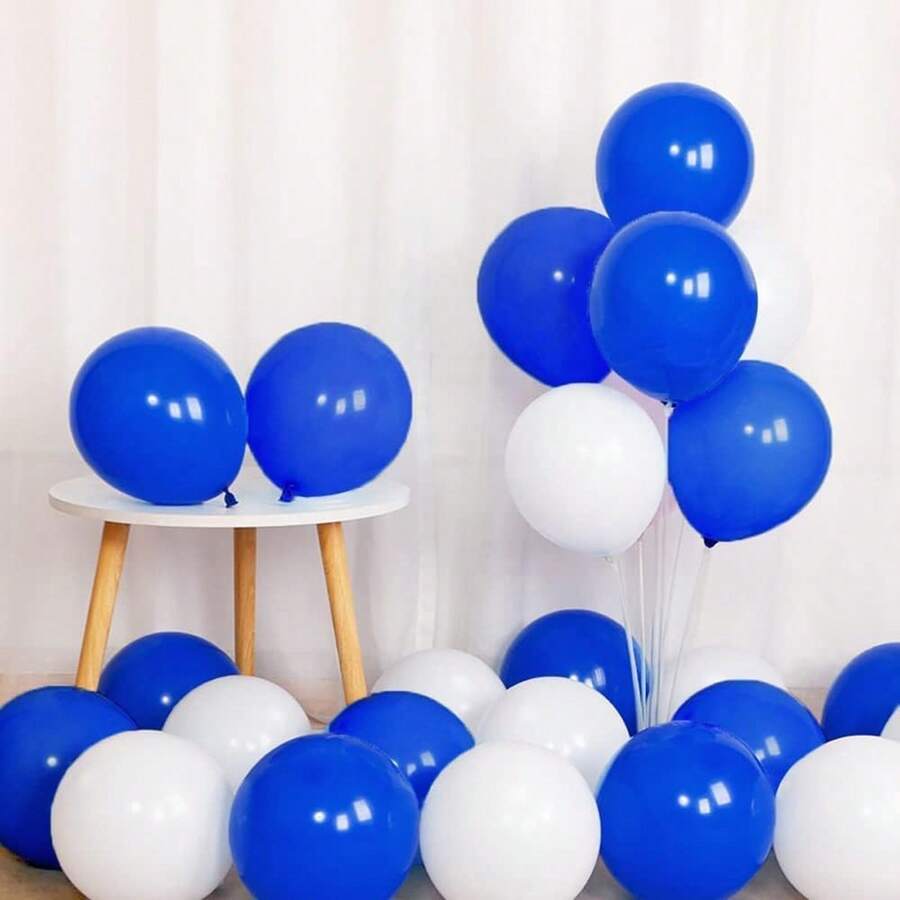 100/50/30pcs Royal Blue & White Latex Balloons, 10 Inch Diameter With Ribbons, Decorations For Birthday, Graduation, Wedding, Bridal, Baby Shower And Celebration Events - Multicolor - View 1