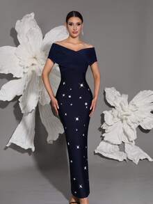 Bandage Off Shoulder Bodycon Dress, Handmade Beaded, Sexy & Fitted, Slit, Suitable For Family Gatherings, Parties, Banquets, Cocktail Dresses