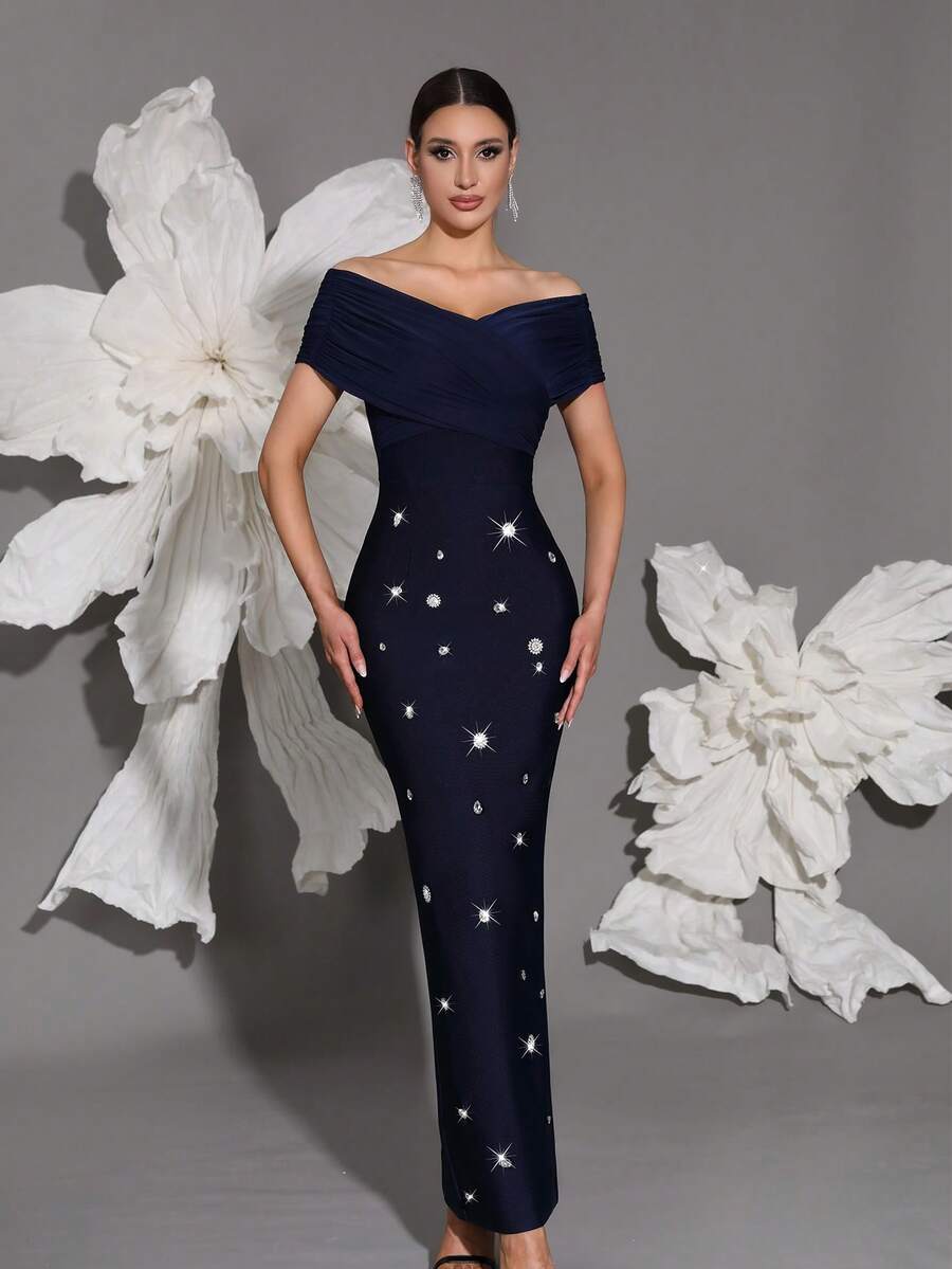 Bandage Off Shoulder Bodycon Dress, Handmade Beaded, Sexy & Fitted, Slit, Suitable For Family Gatherings, Parties, Banquets, Cocktail Dresses