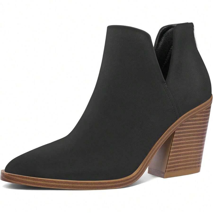 Women's Slip-On Ankle Boots – Cutout Pointed Toe Chunky Mid Heel Booties For Casual, Work & Daily Wear - Black Nubuck - View 1
