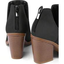 Women's Slip-On Ankle Boots – Cutout Pointed Toe Chunky Mid Heel Booties For Casual, Work & Daily Wear - Black Nubuck - View 4