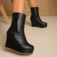 Women's Mid-Calf Boots, Flat Wedge Heel, Fashion & Comfortable, Autumn/Winter - Black - View 3