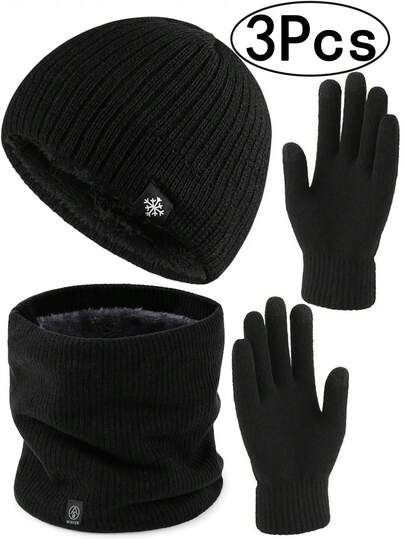 Winter Knit Beanie Hat Neck Warmer Scarf And Touch Screen Gloves Set 3 Pcs ,Winter Hat Scarf Gloves Slouchy Beanie Snow Knit Skull Cap Touch Screen Mittens Circle Scarves For Men ,Fleece Lined Skull Cap For Men Fall