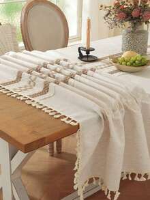1 pieza Mantel de lino de unicolor simple de estilo vintage americano con flecos, mantel de decoración de cocina, camino de mesa a rayas, rectangular para gabinete de TV, boda al aire libre, telón de fondo de fotografía, diario, festival, fiesta de cumpleaños, decoración de mesa de comedor, para todas las estaciones