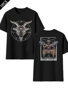 Camiseta de Cabra Oculta de Baphomet Camiseta de algodón puro de 220 g/m2 con cuello redondo, informal, moderna y con estampado de doble cara para hombre (1 unidad) - Negro - Ver 3