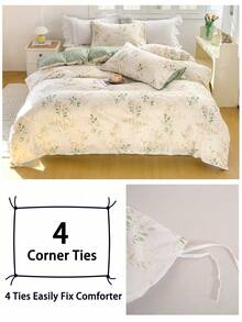 Juego de funda nórdica con estampado de hojas y flores (1 funda nórdica y 2 fundas de almohada) Set de ropa de cama suave y amigable con la piel para todo el año - Multicolor - Ver 6