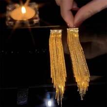 Golden Metal Chain Tassel Design Dangle Earrings Elegant Bling-Bling Style Copper 18K Gold Plated Jewelry Female Gift - 金色 - 查看 6