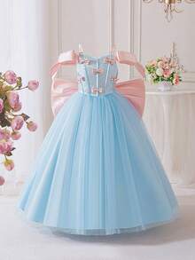 Tween Girls' Oversized Bow Strap Wedding Party Elegant Bridesmaid Birthday Banquet Dress, Off-Shoulder Princess Beauty Pageant Performance Ball Gown - 藍色 - 查看 3