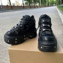 Gothic Punk Style Women And Men Platform Sneakers Black Vintage Metal Decorations Lace-Up Rock Ankle Boots Shoes - 黑色 - 查看 3