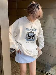 女式学生花卉字母印花宽松休闲舒适圆领长袖运动衫，适合日常穿着、通勤、返校、秋冬季 - 灰色 - 查看 3
