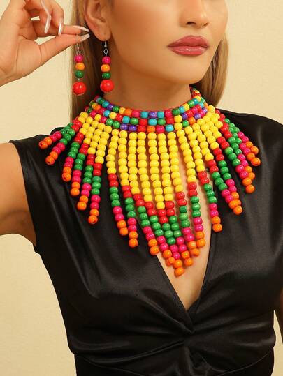 طقم مجوهرات يدوي مكون من قلادة + أزواج من الأقراط، مع شرابات وخرز خشبي، مجموهرات بوهيمية متعددة الألوان، مناسب للسيدات الجذابة للارتداء طوال العام